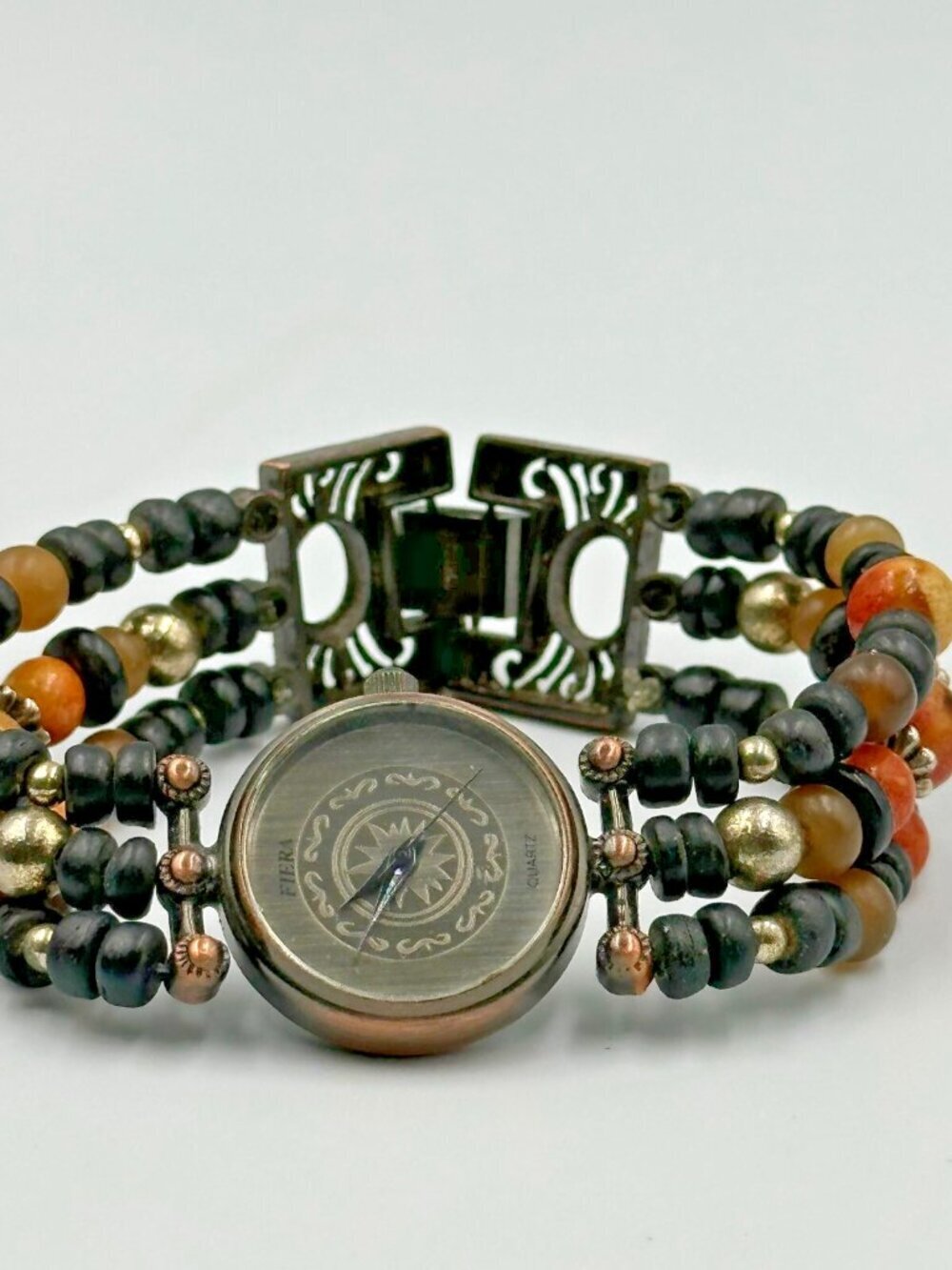 3/$30 Fiera Watch Women Brass Tone Black Beaded Wooden Band New Battery 6.5”